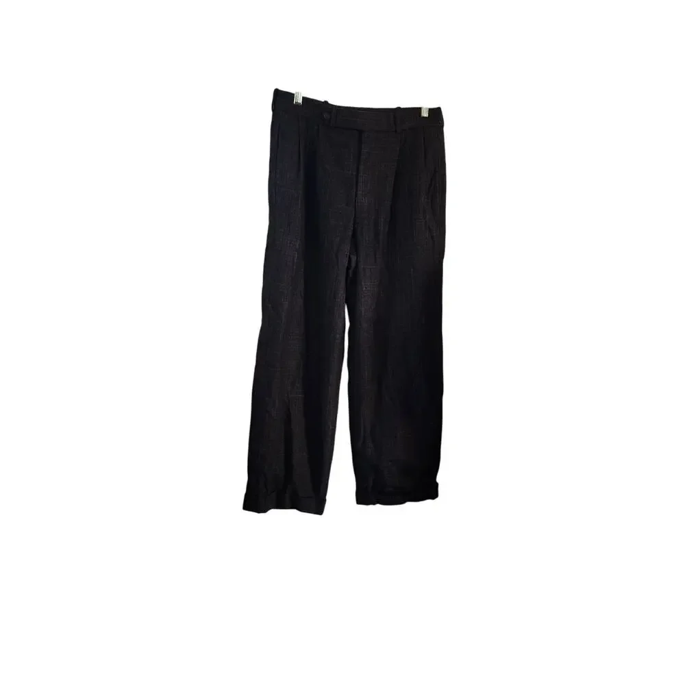 Frank Stella Mens Pure Wool Gray Cuff Hem Straight Leg Striped Plaid Pants 30